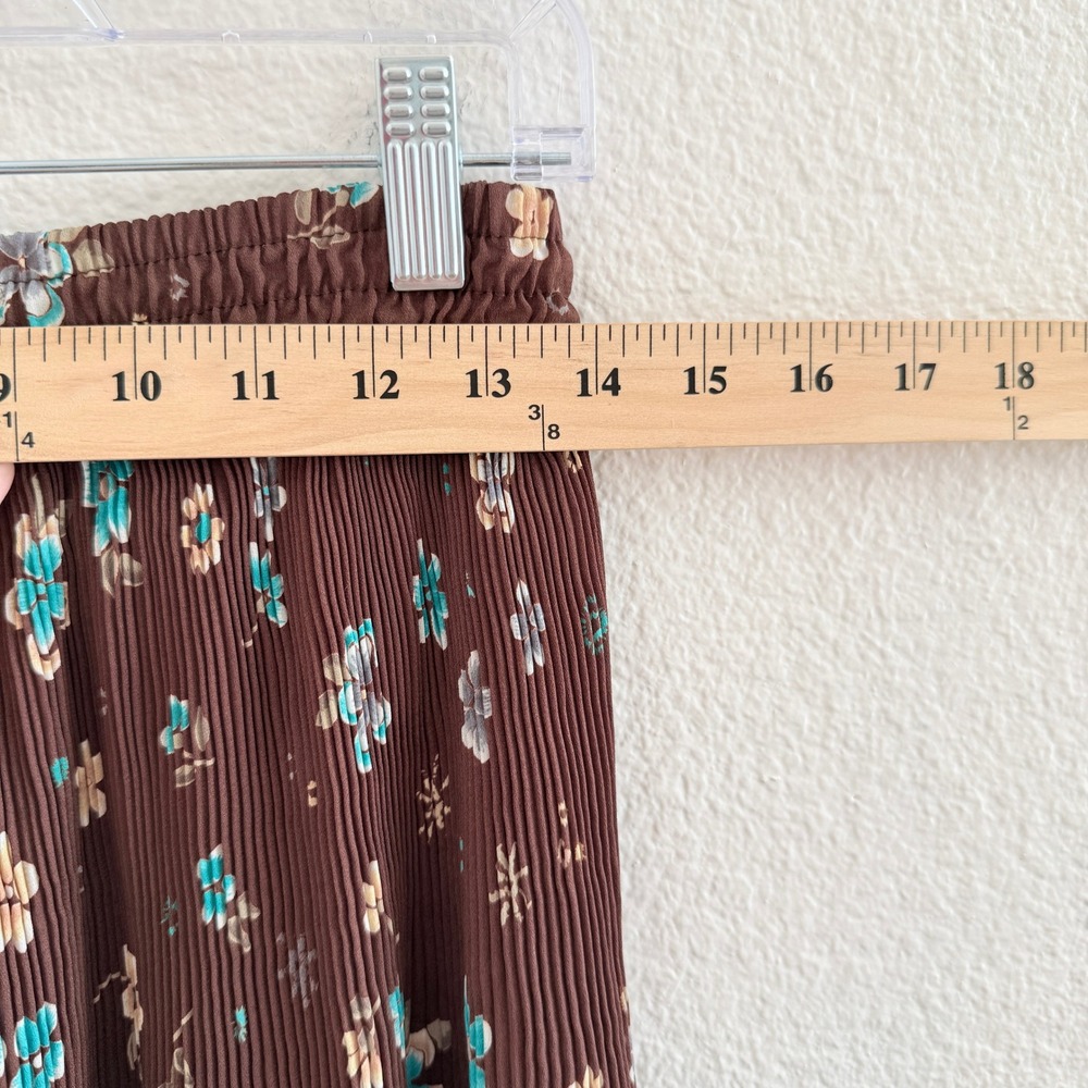 Brown Floral Micro Pleated Tiered Midi Skirt Turquoise Flowers Lettuce Hem - Picture 7 of 7